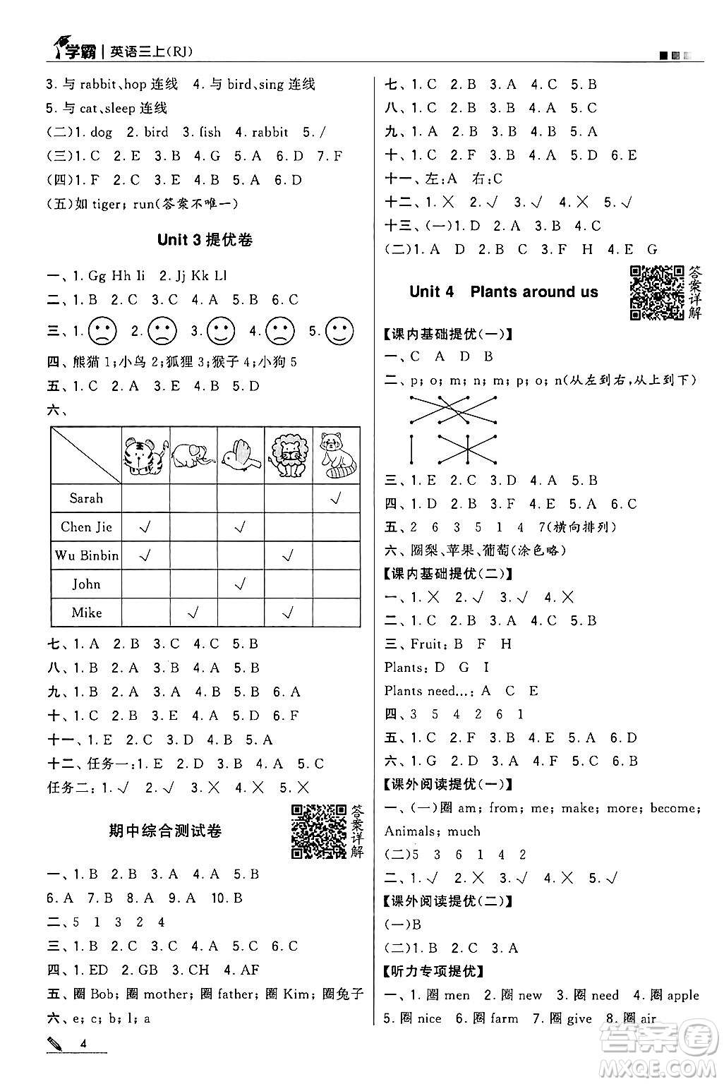 河海大學出版社2024年秋5星學霸三年級英語上冊人教版答案