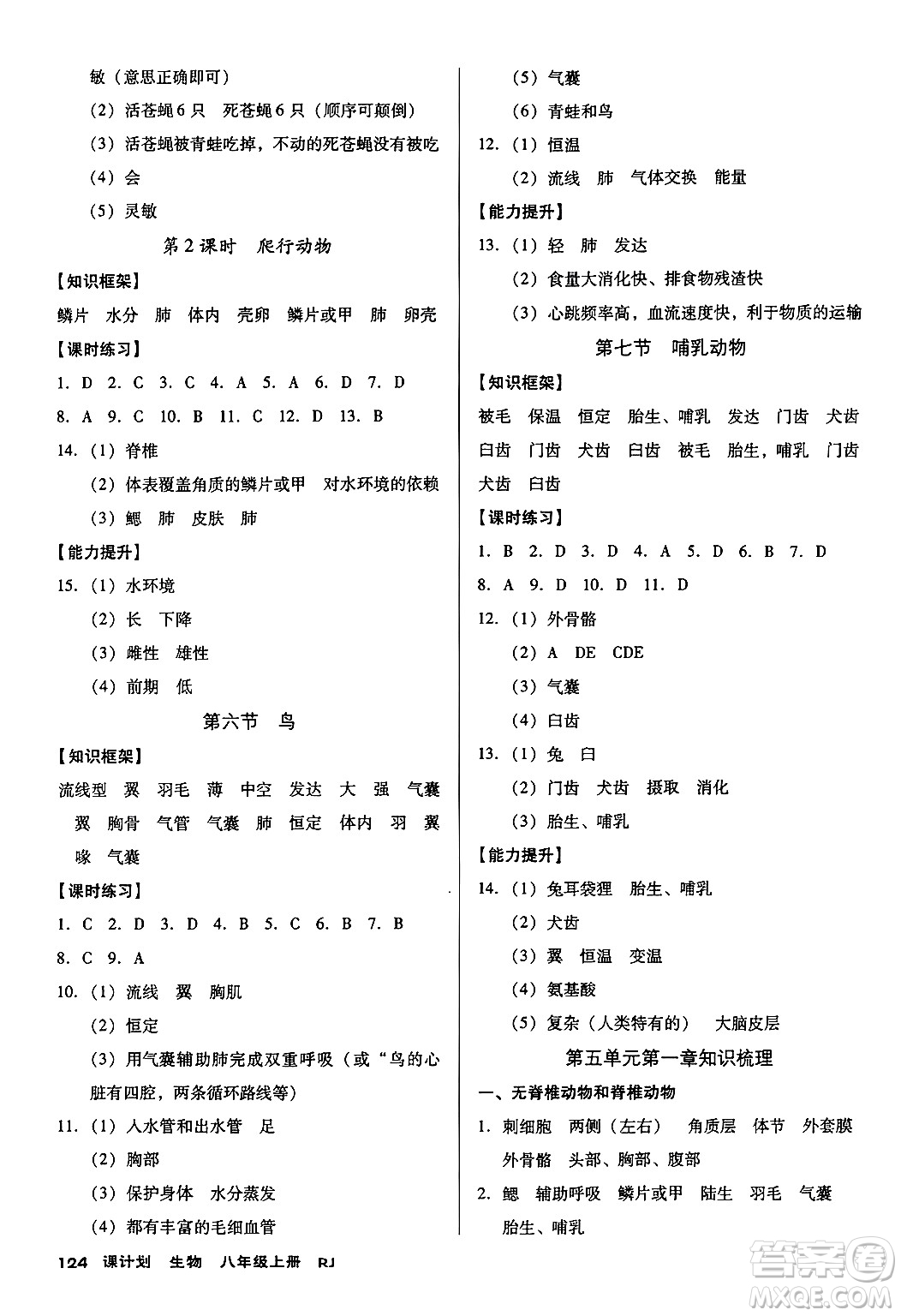 廣東經(jīng)濟出版社2024年秋全優(yōu)點練課計劃八年級生物上冊人教版答案