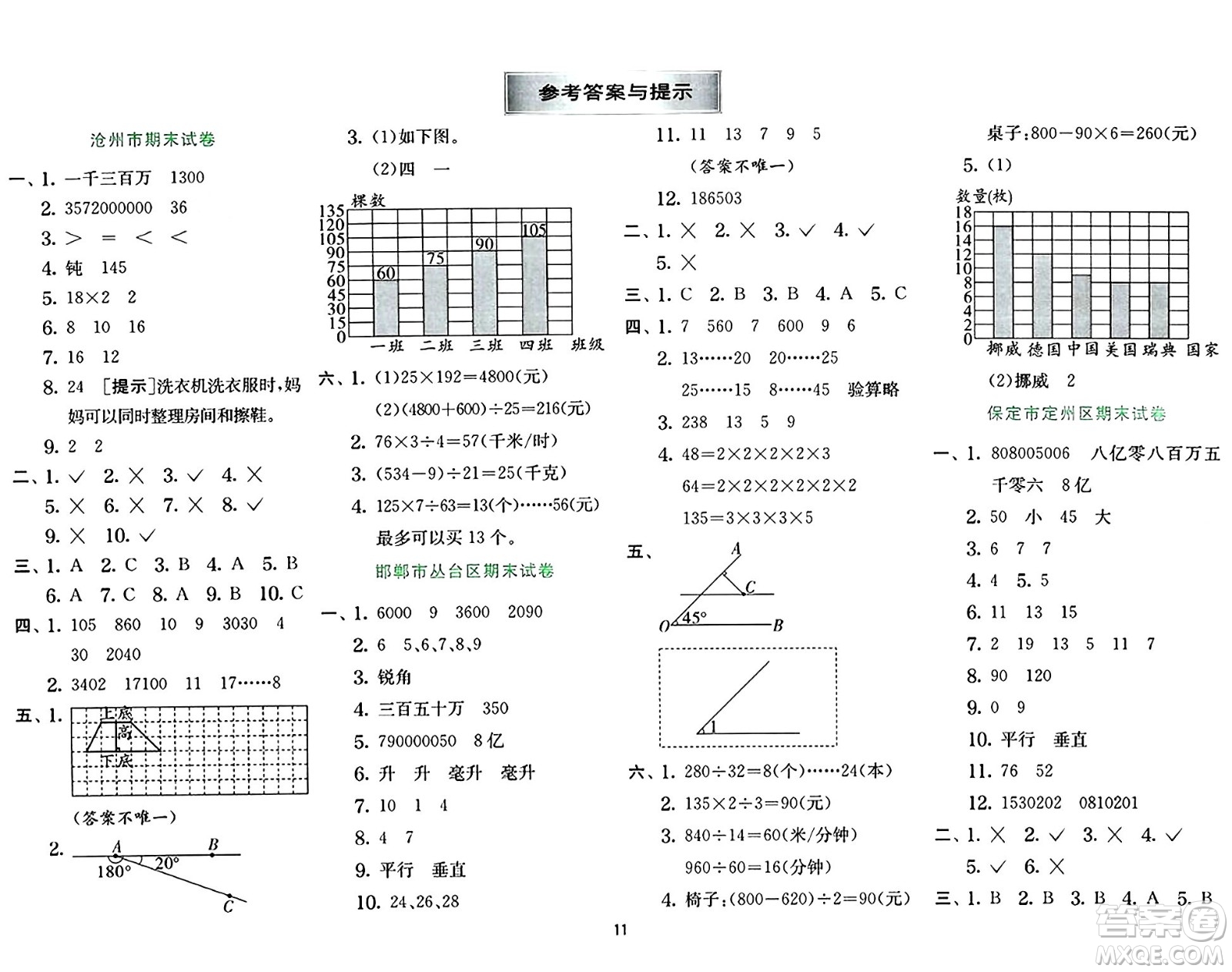 江蘇人民出版社2024年秋春雨教育實驗班提優(yōu)訓練四年級數(shù)學上冊冀教版河北專版答案