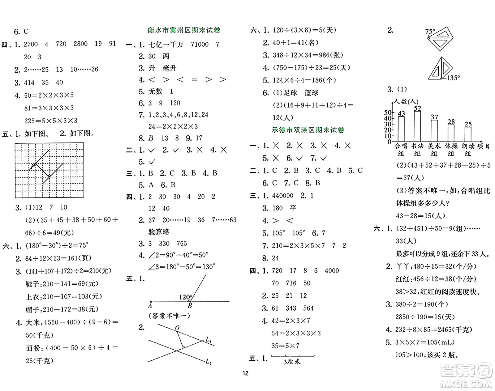 江蘇人民出版社2024年秋春雨教育實驗班提優(yōu)訓練四年級數(shù)學上冊冀教版河北專版答案