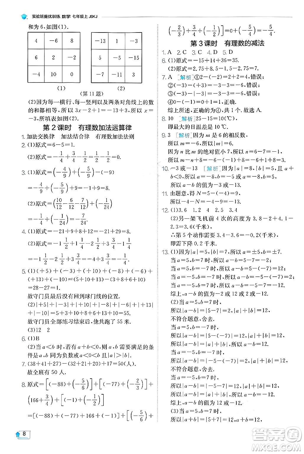 江蘇人民出版社2024年秋春雨教育實驗班提優(yōu)訓練七年級數(shù)學上冊蘇科版答案