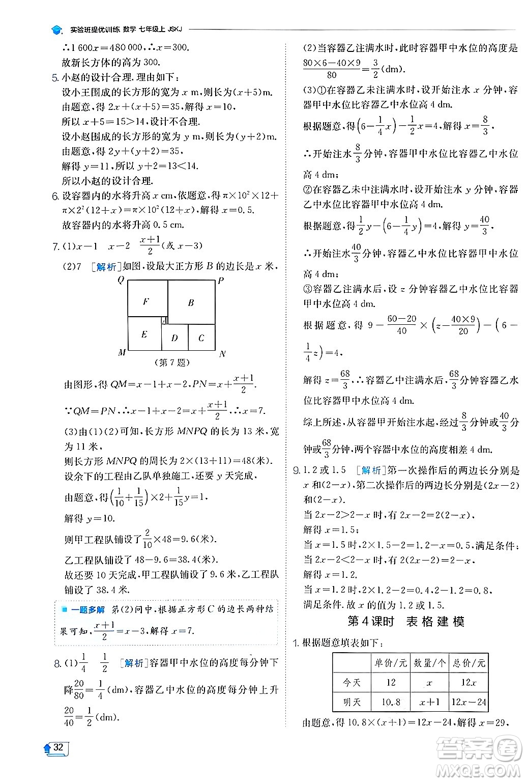 江蘇人民出版社2024年秋春雨教育實驗班提優(yōu)訓練七年級數(shù)學上冊蘇科版答案