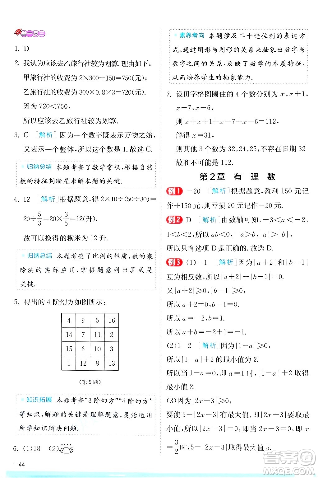 江蘇人民出版社2024年秋春雨教育實驗班提優(yōu)訓練七年級數(shù)學上冊蘇科版答案