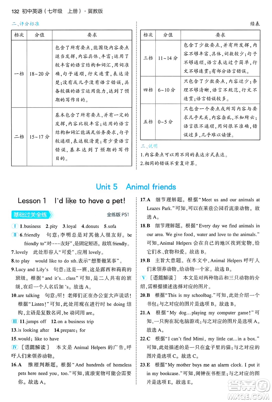 四川大學(xué)出版社2024年秋初中同步5年中考3年模擬七年級(jí)英語上冊冀教版答案