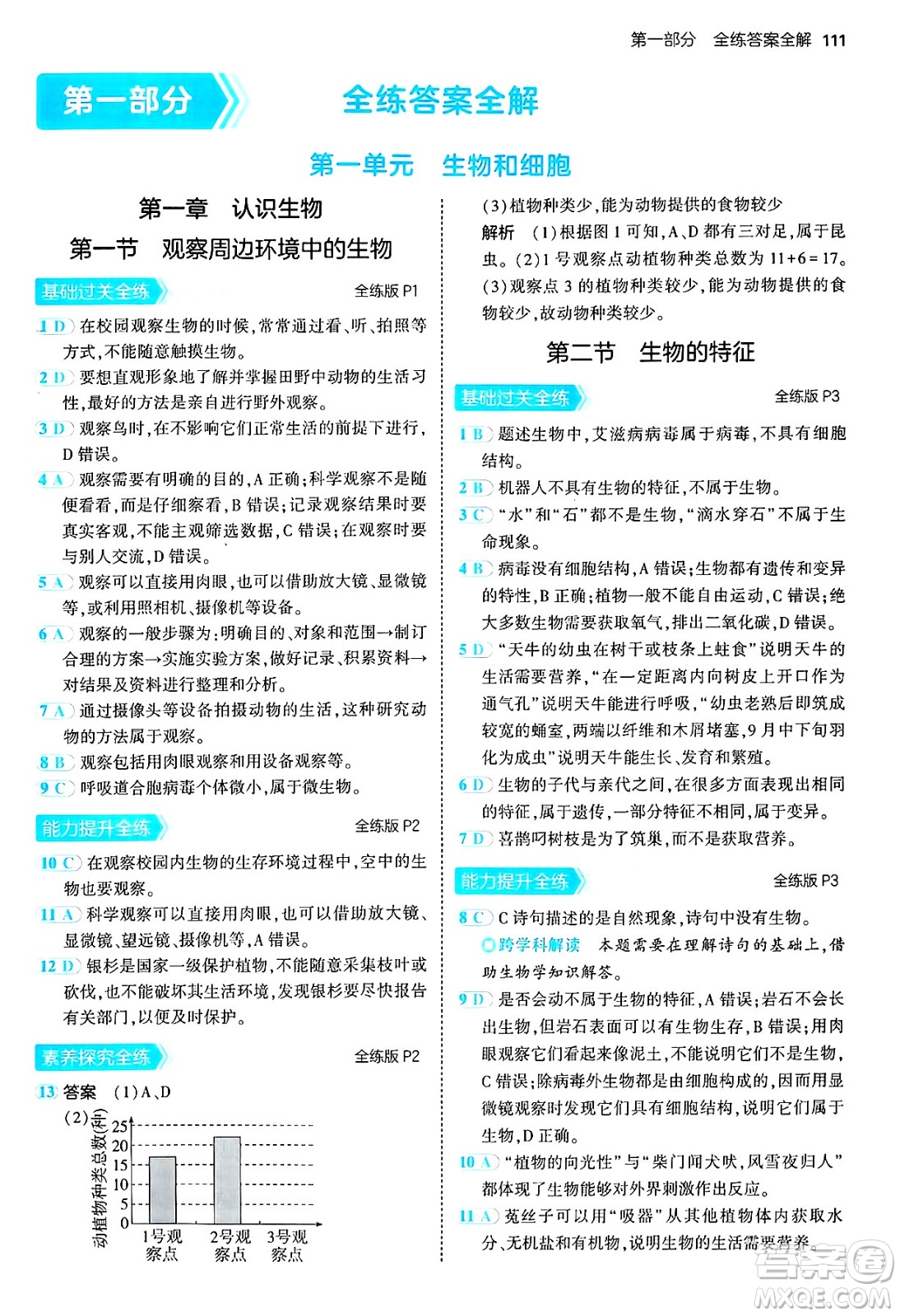 四川大學(xué)出版社2024年秋初中同步5年中考3年模擬七年級(jí)生物上冊(cè)人教版答案