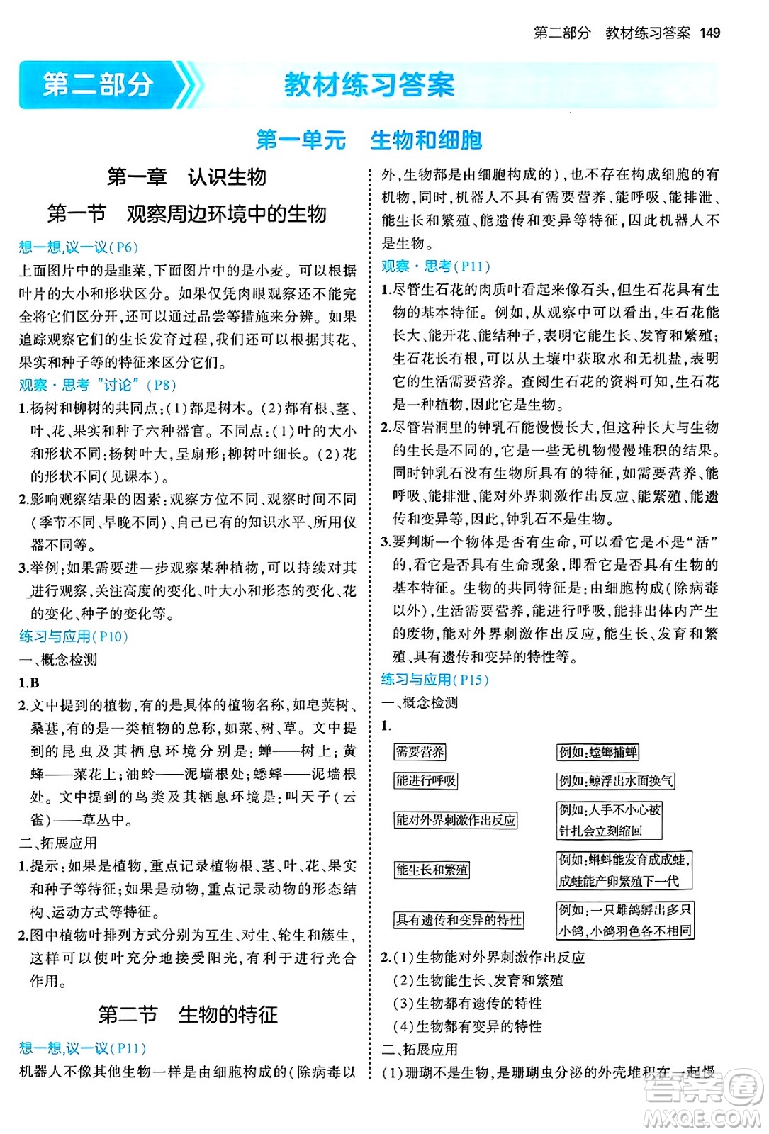 四川大學(xué)出版社2024年秋初中同步5年中考3年模擬七年級(jí)生物上冊(cè)人教版答案