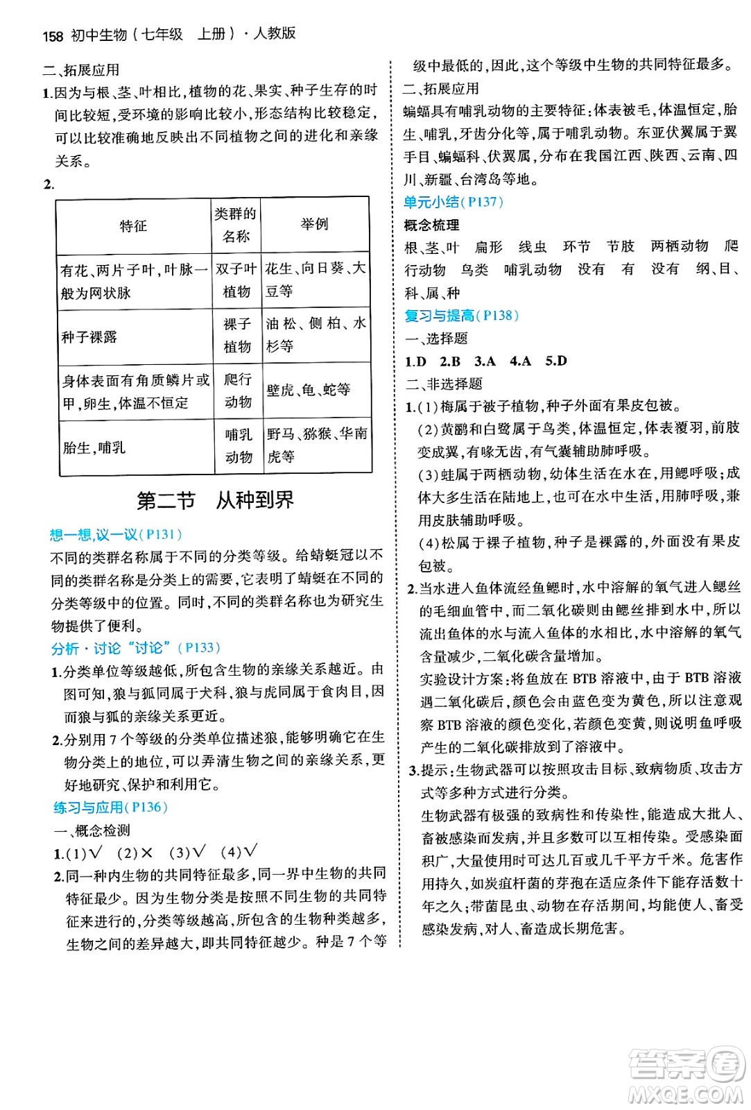 四川大學(xué)出版社2024年秋初中同步5年中考3年模擬七年級(jí)生物上冊(cè)人教版答案