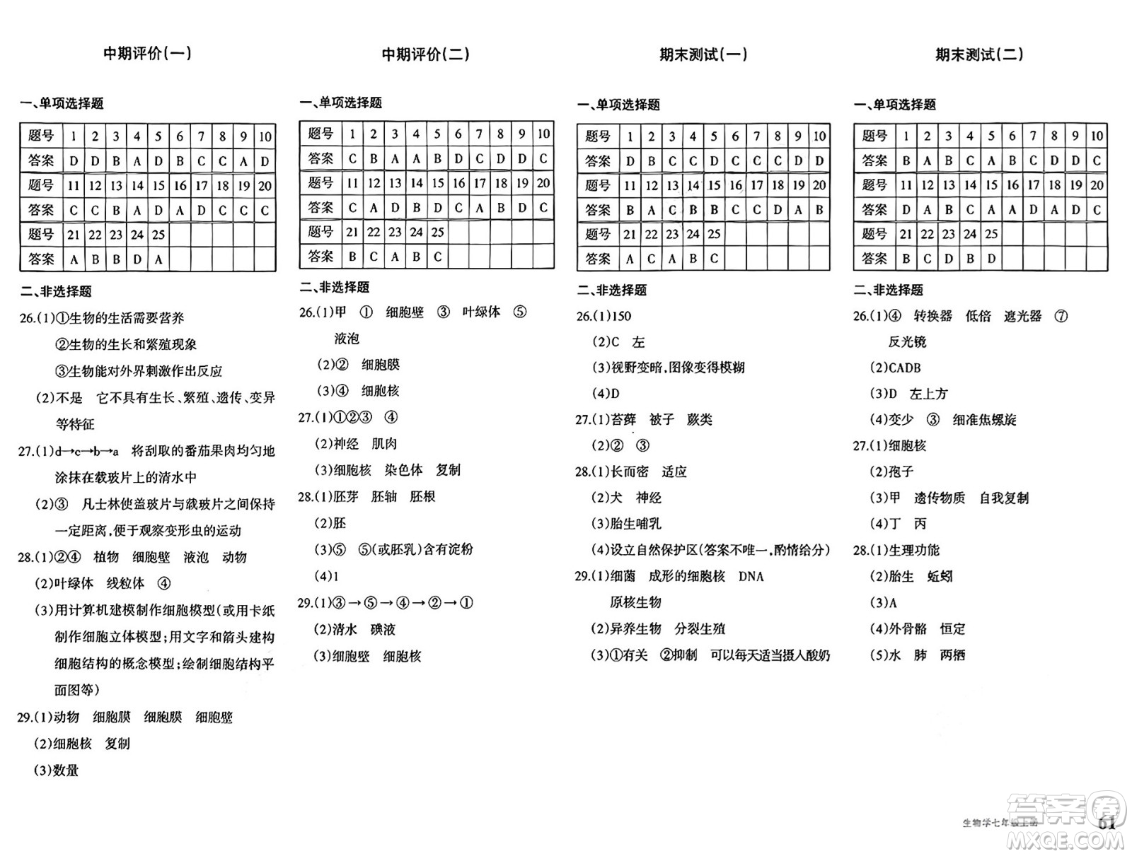 新疆青少年出版社2024年秋優(yōu)學1+1評價與測試七年級生物上冊通用版答案