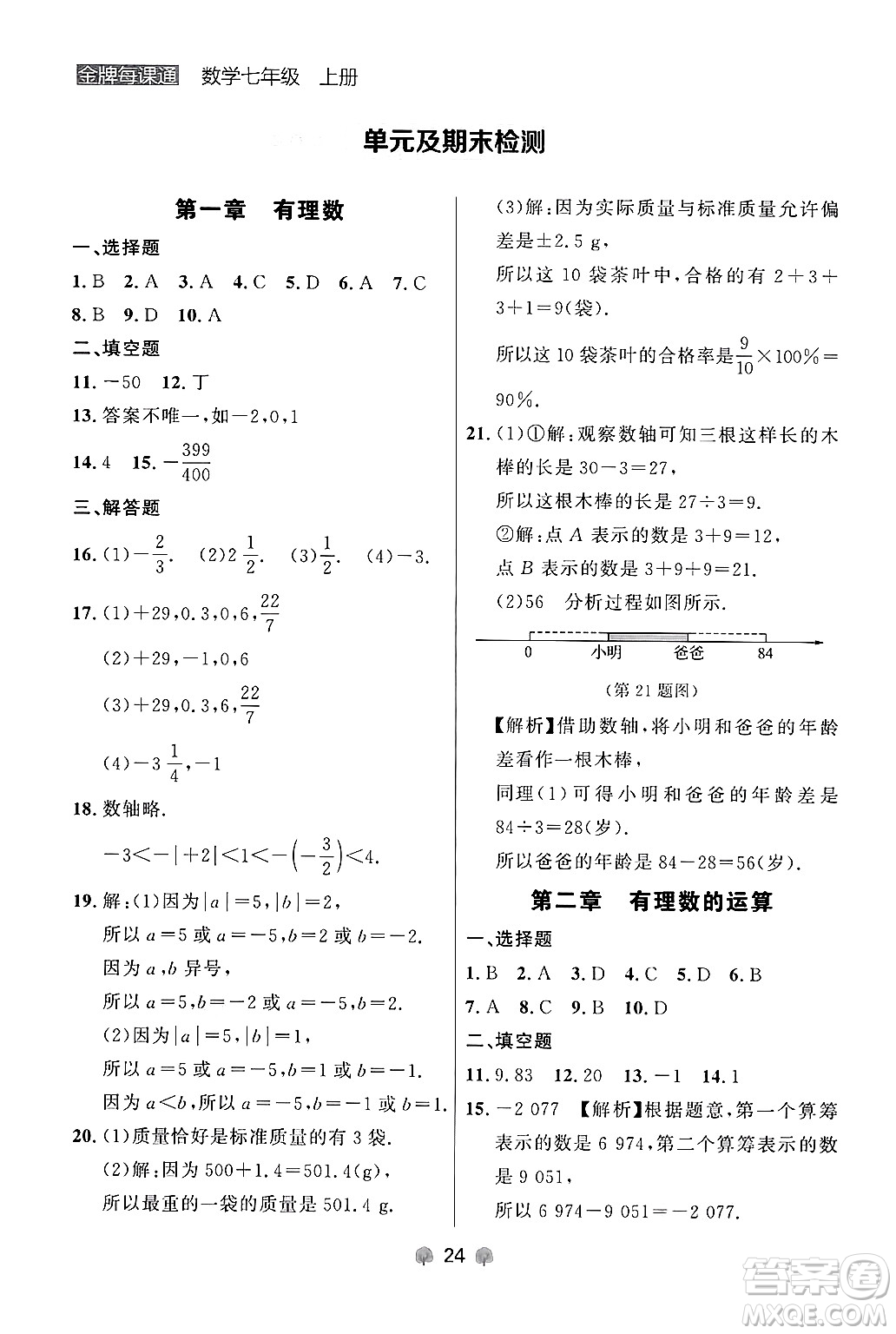 大連出版社2024年秋點石成金金牌每課通七年級數(shù)學上冊人教版遼寧專版答案