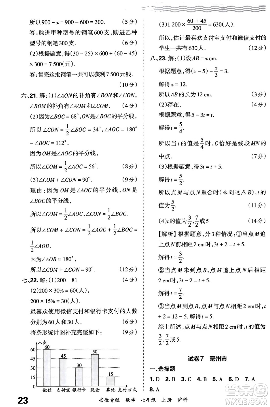 江西人民出版社2024年秋王朝霞各地期末試卷精選七年級數(shù)學(xué)上冊滬科版安徽專版答案