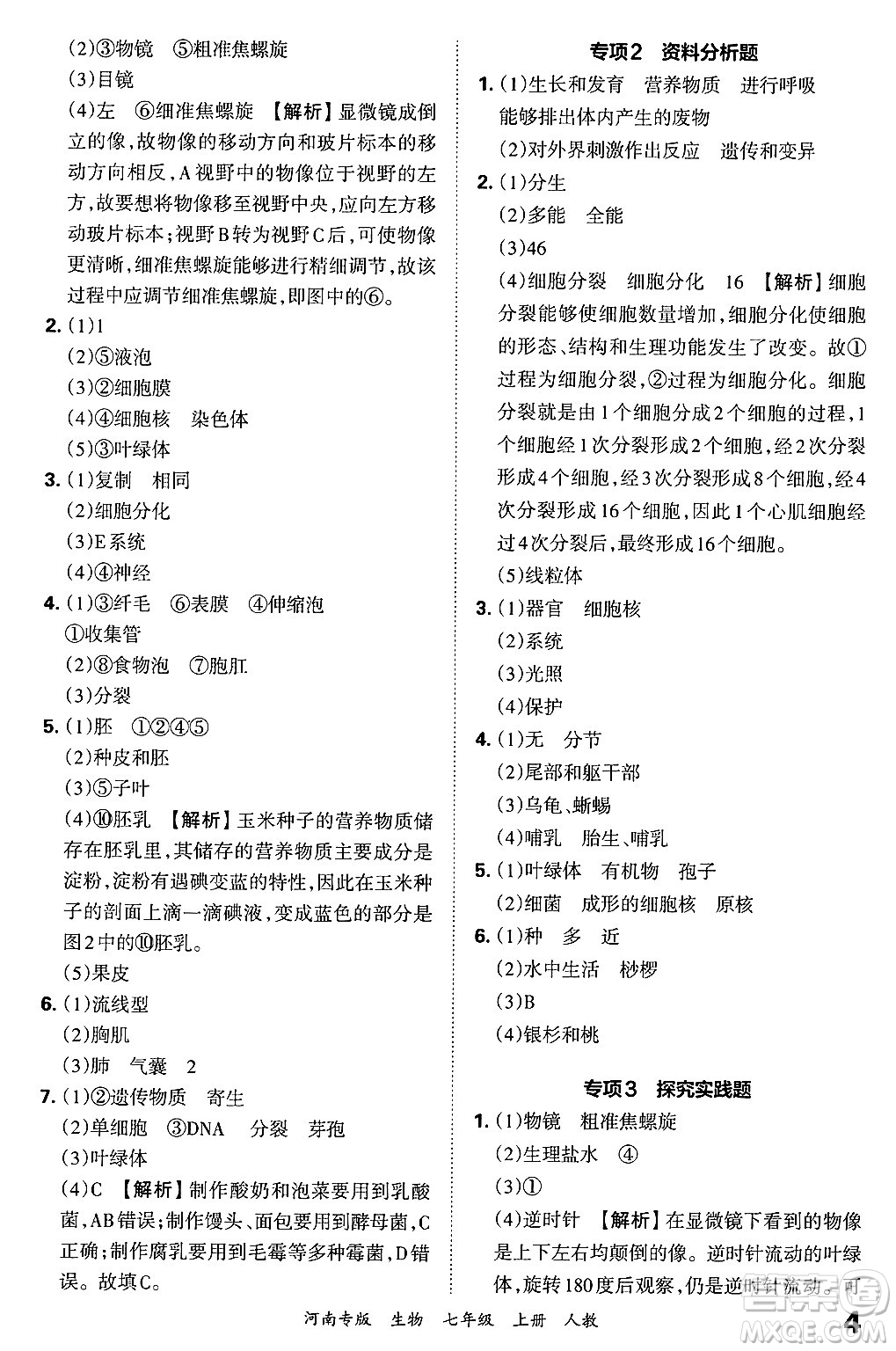 江西人民出版社2024年秋王朝霞各地期末試卷精選七年級(jí)生物上冊(cè)人教版河南專版答案