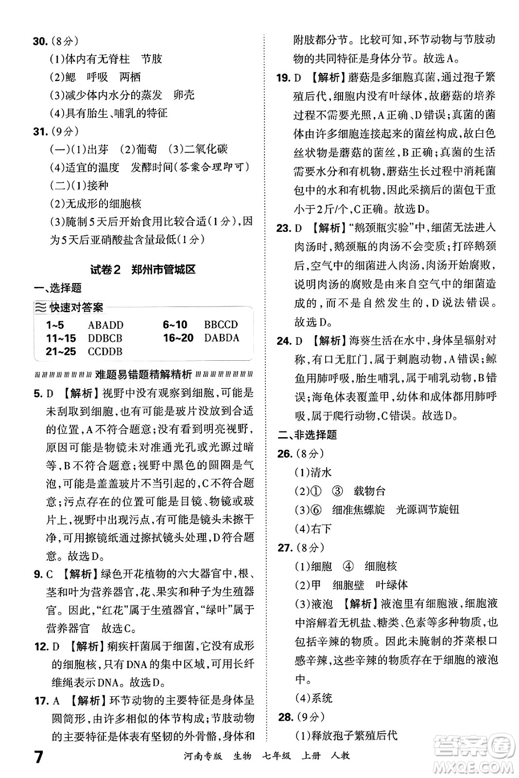 江西人民出版社2024年秋王朝霞各地期末試卷精選七年級(jí)生物上冊(cè)人教版河南專版答案