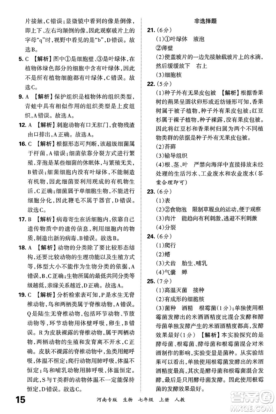 江西人民出版社2024年秋王朝霞各地期末試卷精選七年級(jí)生物上冊(cè)人教版河南專版答案