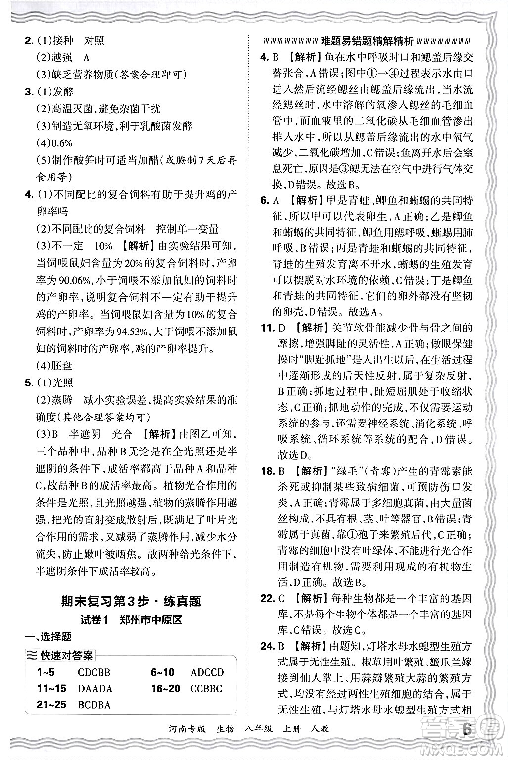 江西人民出版社2024年秋王朝霞各地期末試卷精選八年級生物上冊人教版河南專版答案