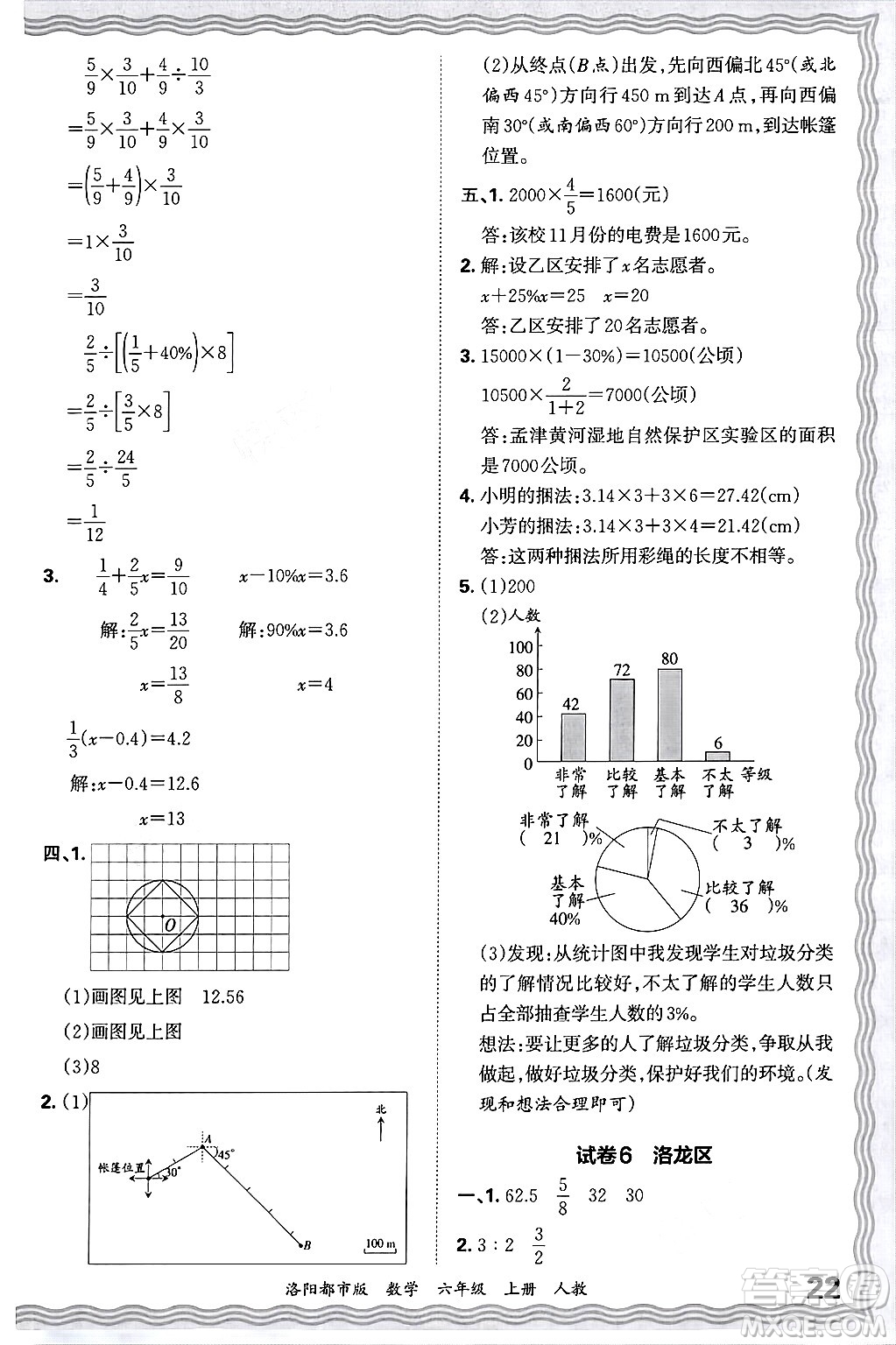 江西人民出版社2024年秋王朝霞各地期末試卷精選六年級數(shù)學(xué)上冊人教版洛陽專版答案