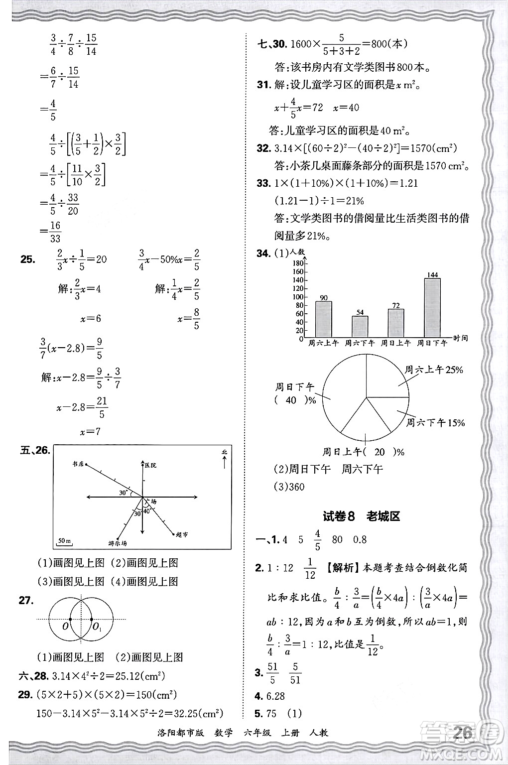 江西人民出版社2024年秋王朝霞各地期末試卷精選六年級數(shù)學(xué)上冊人教版洛陽專版答案