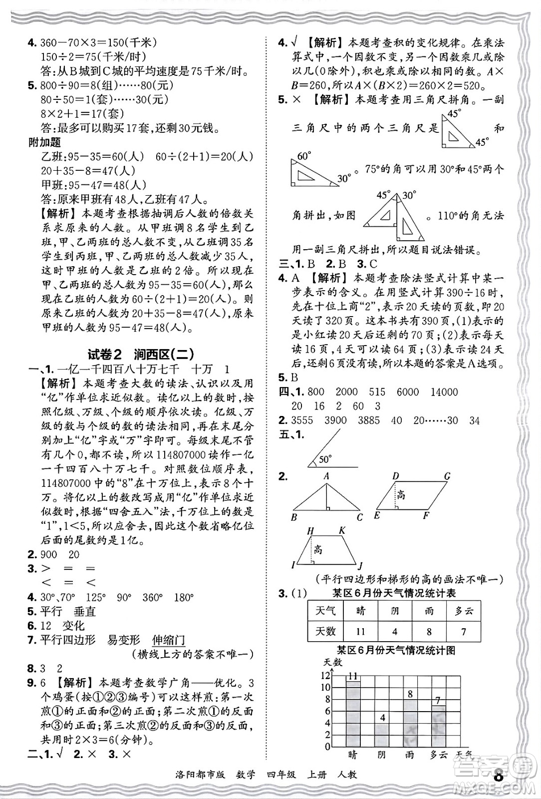 江西人民出版社2024年秋王朝霞各地期末試卷精選四年級數(shù)學(xué)上冊人教版洛陽專版答案