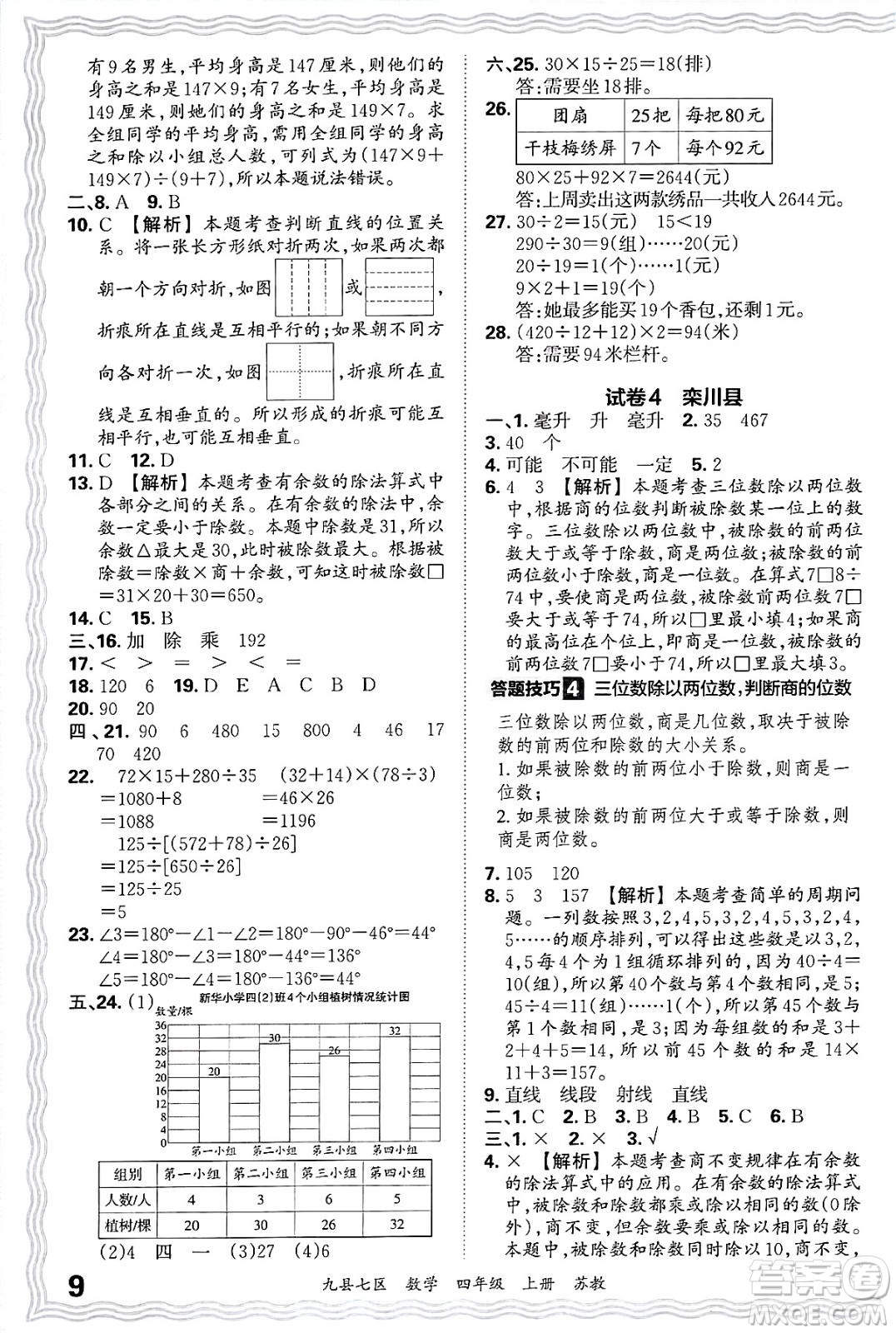 江西人民出版社2024年秋王朝霞各地期末試卷精選四年級(jí)數(shù)學(xué)上冊(cè)蘇教版洛陽(yáng)專版答案