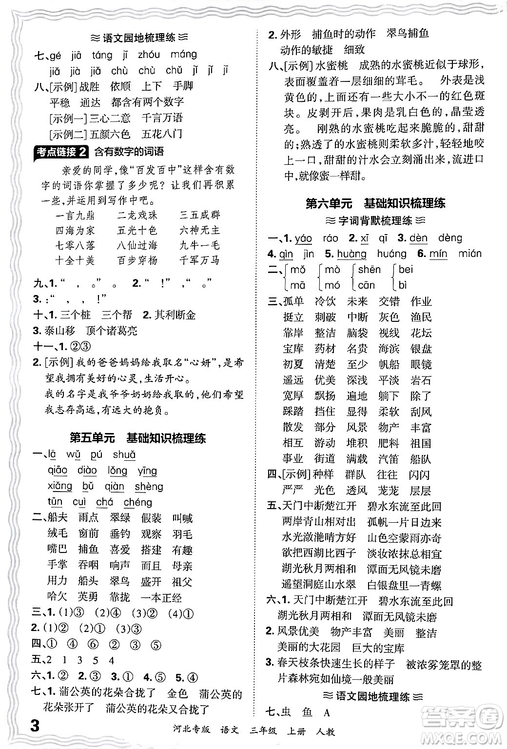 江西人民出版社2024年秋王朝霞各地期末試卷精選三年級(jí)語(yǔ)文上冊(cè)人教版河北專版答案