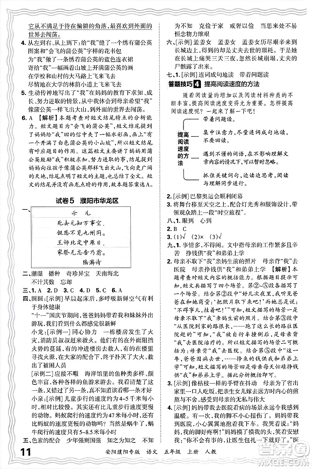 江西人民出版社2024年秋王朝霞期末真題精編五年級(jí)語(yǔ)文上冊(cè)人教版安陽(yáng)濮陽(yáng)專版答案