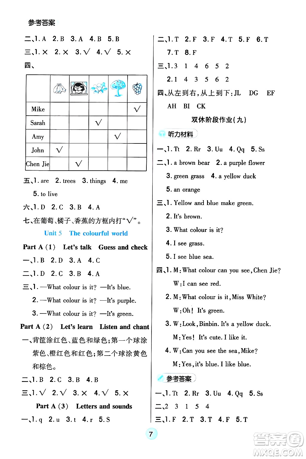 天津科學技術出版社2024年秋云頂課堂三年級英語上冊人教PEP版答案