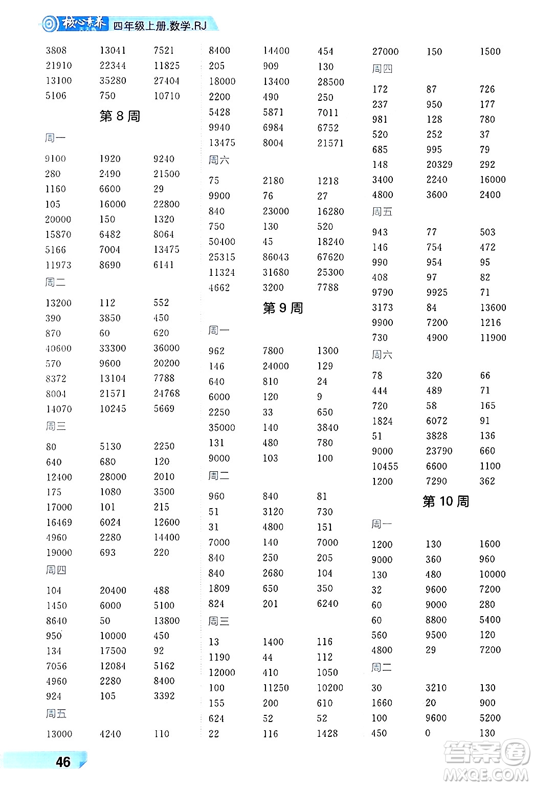 南方出版社2024秋學(xué)緣教育核心素養(yǎng)天天練四年級數(shù)學(xué)上冊人教版福建專版答案