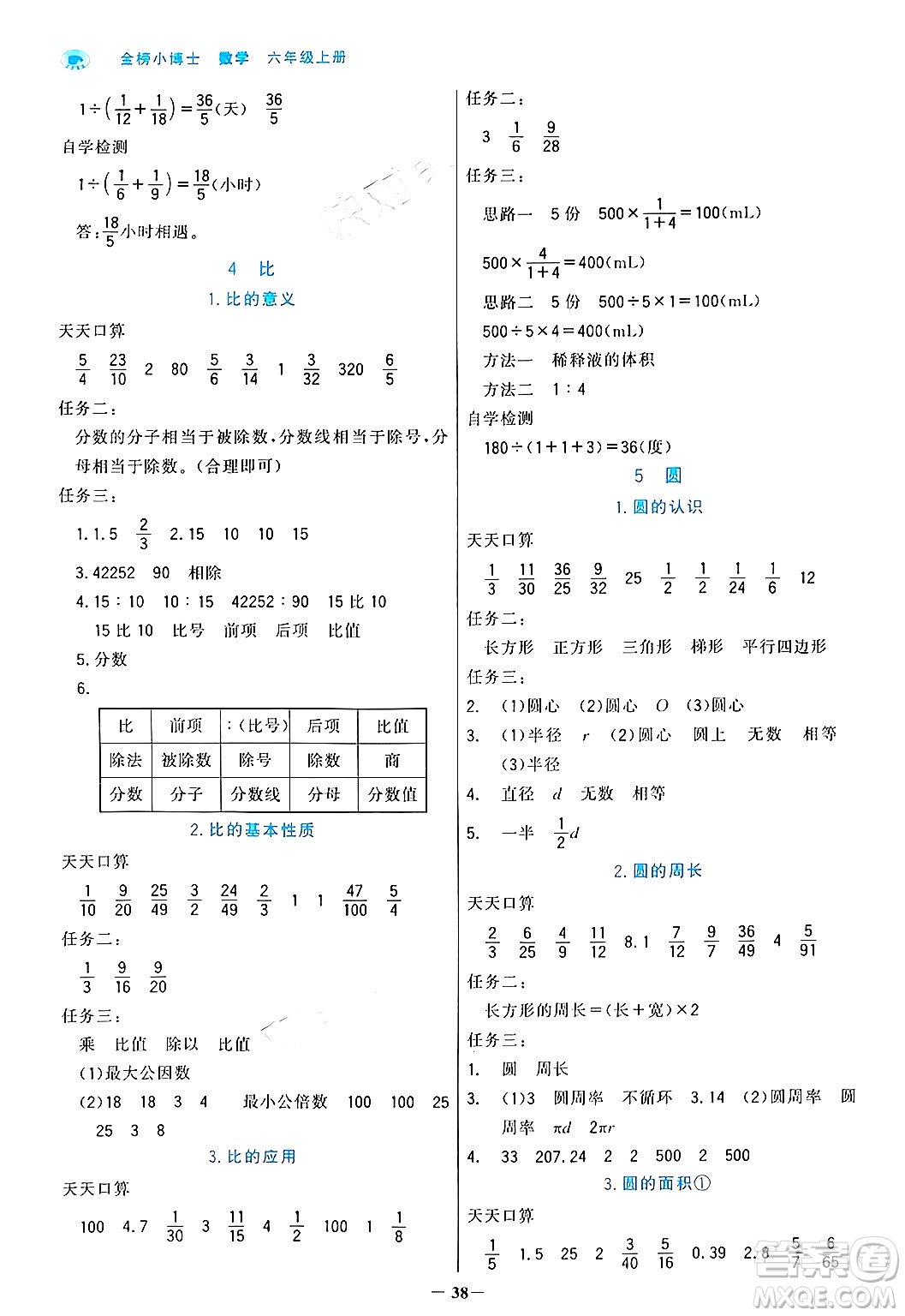 遼寧少年兒童出版社2024年秋世紀金榜金榜小博士課時提優(yōu)作業(yè)六年級數(shù)學上冊人教版答案