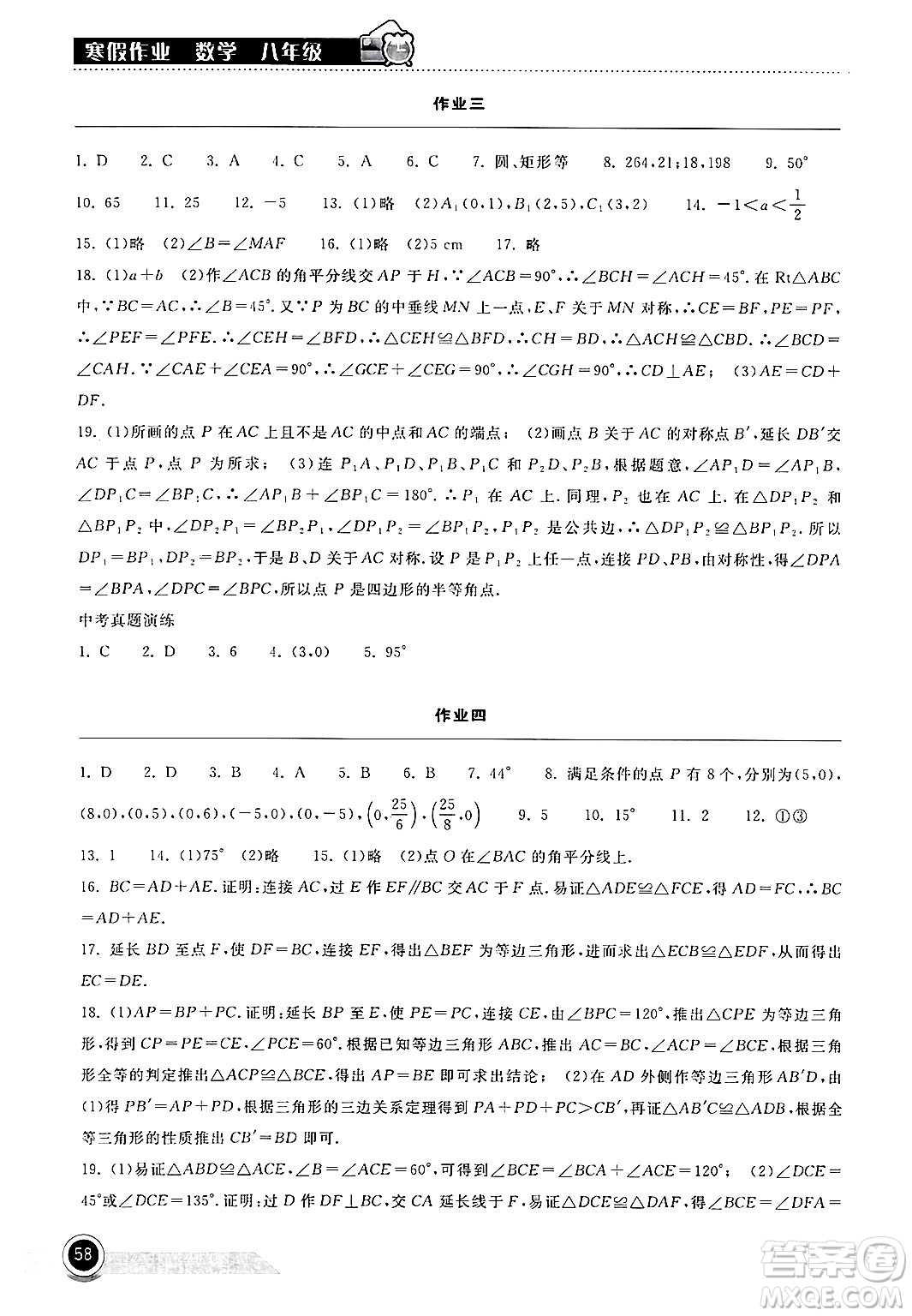 湖北教育出版社2025年長(zhǎng)江作業(yè)本寒假作業(yè)八年級(jí)數(shù)學(xué)通用版答案