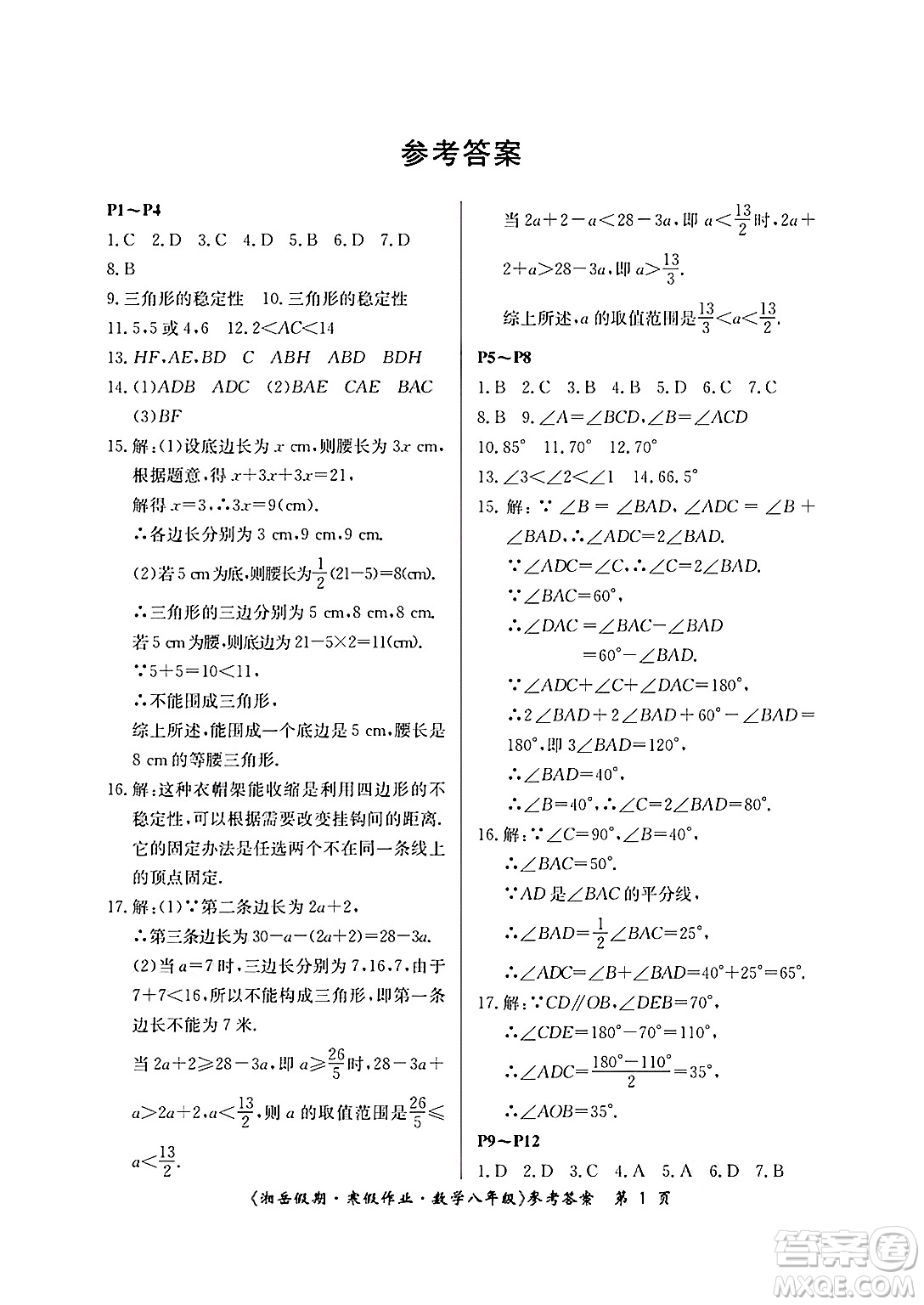 湖南大學(xué)出版社2025年北京央教湘岳假期寒假作業(yè)八年級數(shù)學(xué)人教版答案