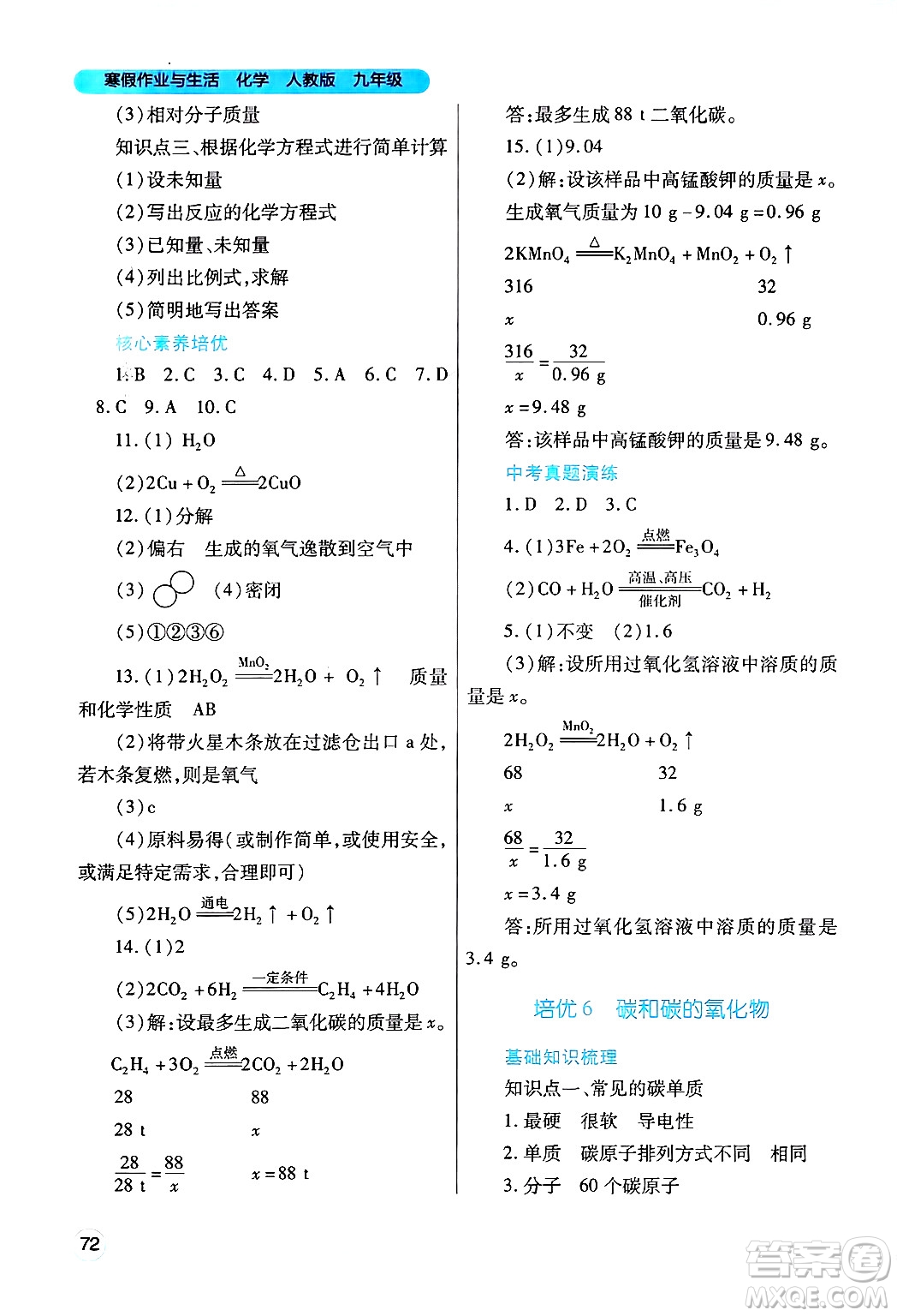 陜西師范大學(xué)出版總社有限公司2025年寒假作業(yè)與生活九年級化學(xué)人教版答案